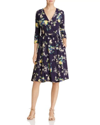 Weekend Max Mara Dacia Floral Print Wrap Dress 3/4 Sleeve Pockets Navy Knee S