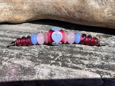 Handmade Lampwork glass heart focal bead set 13 Beads Pink Colored Beads W Heart