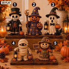 Rustic Halloween Wooden Block 2D Flat, Ghost Mummy Skeleton Pumpkin Shelf Decor