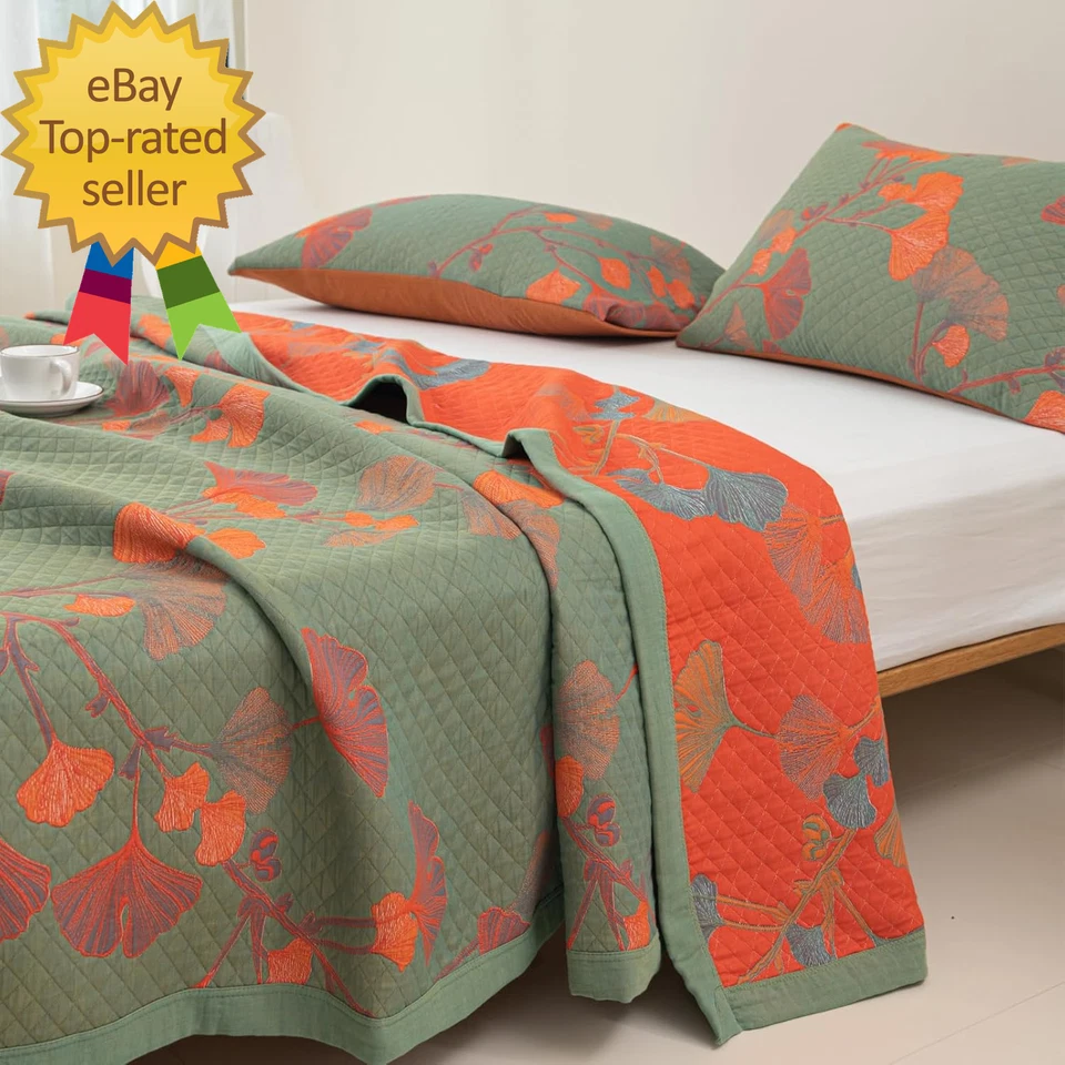 Manta de Muselina 100% Algodón Jacquard Verde Naranja Floral Hojas de Ginkgo Edredón Foto 2 de 4