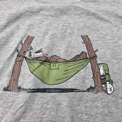 Columbia T-shirt Men s M Long Sleeve Graphic Gray Bear Napping Outdoors Hiking 