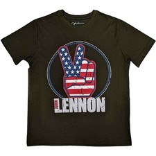 John Lennon T Shirt Peace Fingers US Flag Logo new Official Mens Green