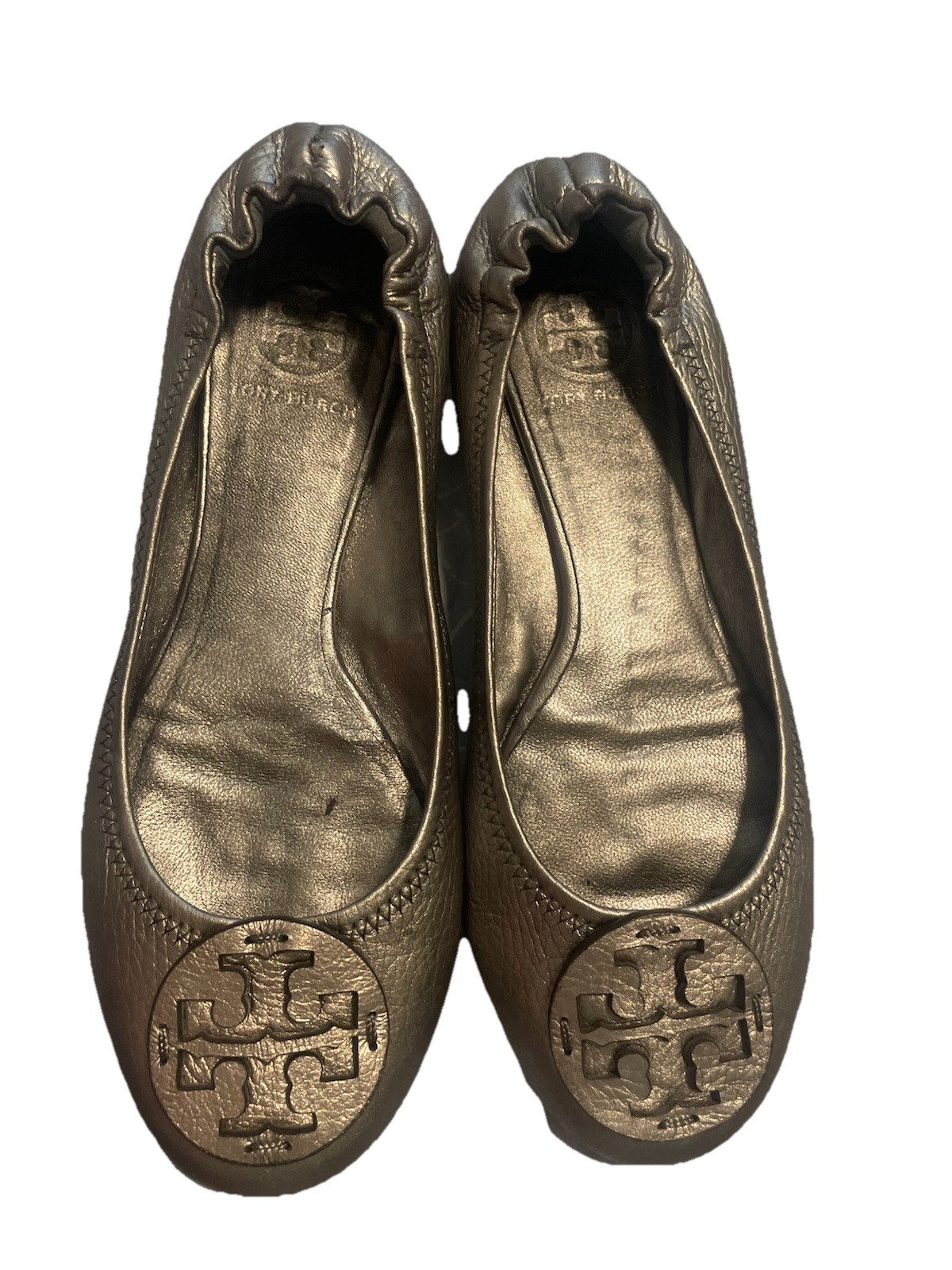 Tory Burch Women’s Minnie Travel Pewter Silver Leather Logo Ballet Flats Sz 8M