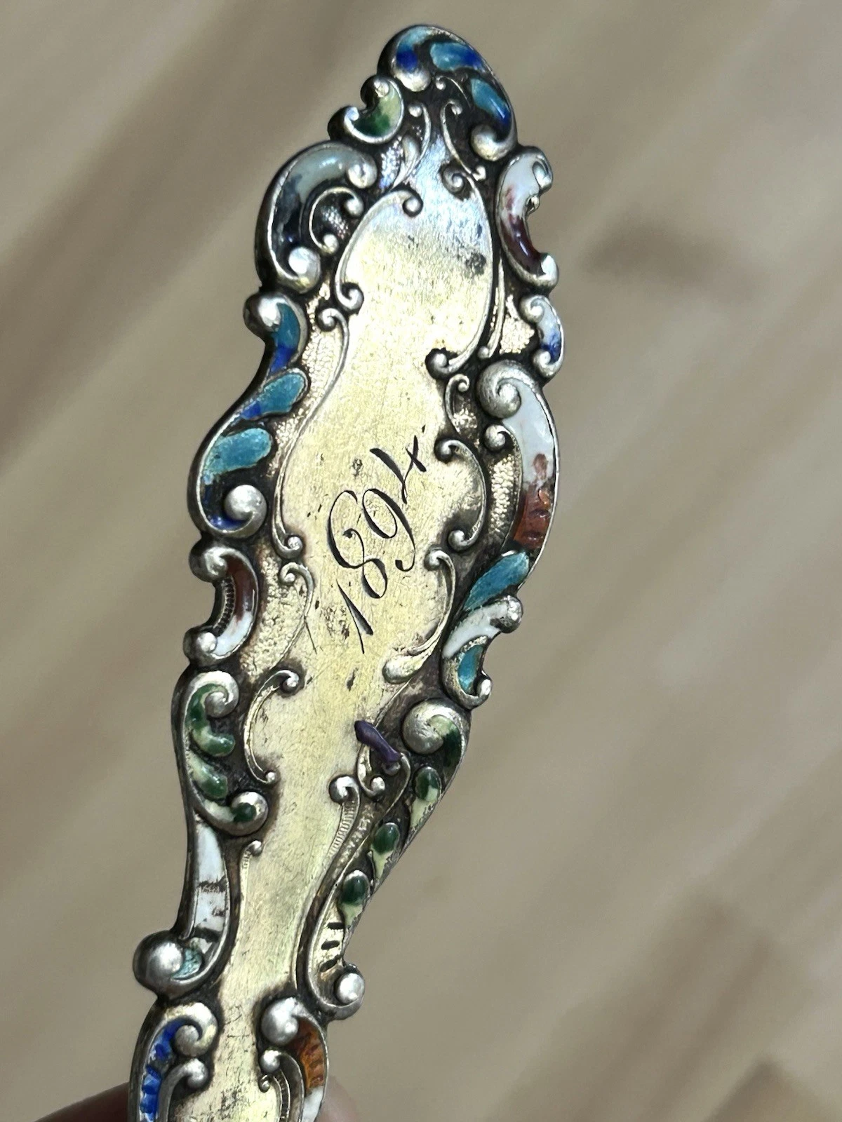 Rare LARGE Gorham Sterling Silver Serving Spoon Enamel 1894 Luxembourg Gold Wash