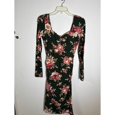 Socialite Green Floral Long Sleeve Ruched Bodycon Dress Sweetheart Neck XS