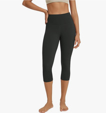 Womens High Waist Workout Capri Leggings 19" Cropped Tummy Control Black Gray L