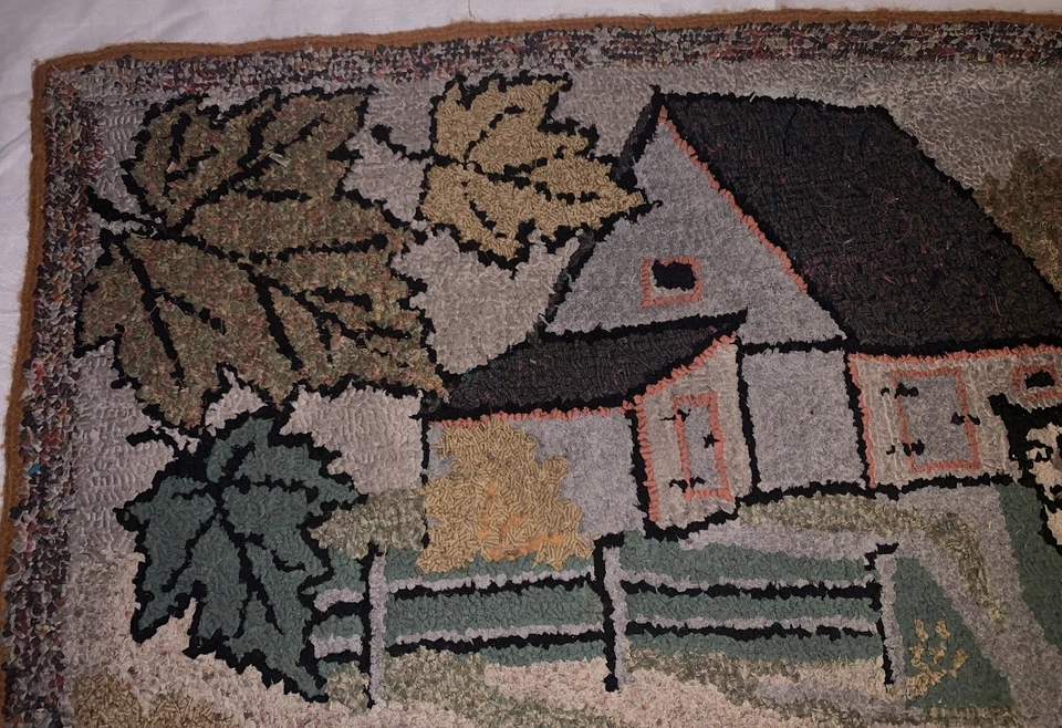 Alfombra muy antigua arte popular primitivo enganchada a mano escena de vaca y granero 19" por 35" Foto 4 de 4