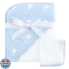 Hudson Baby Unisex Baby Cotton Hooded Towel and Washcloth, Blue Elephant, One