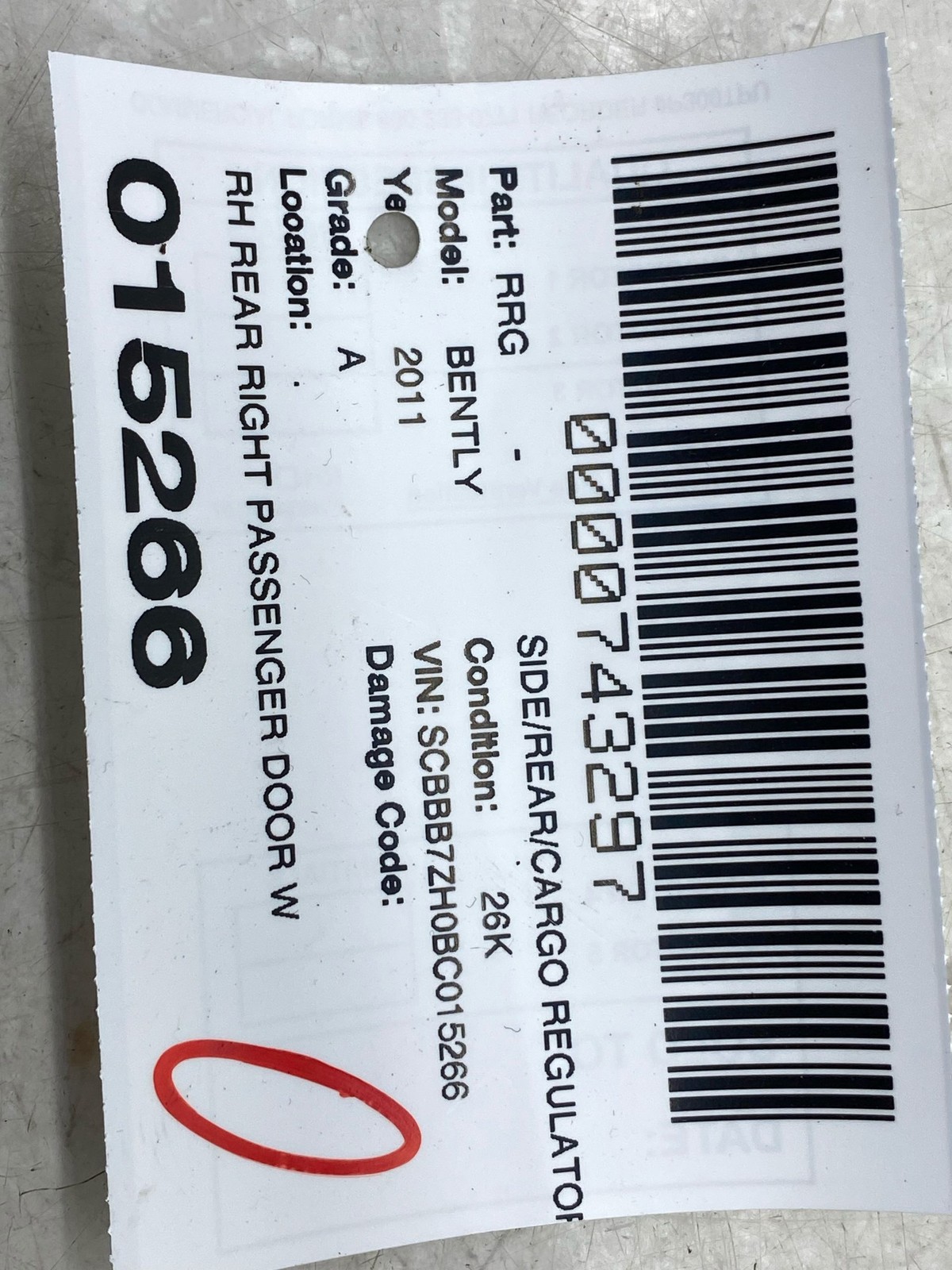2010-2020 BENTLEY MULSANNE REAR RIGHT DOOR WINDOW REGULATOR W/MOTOR 3Y5839462