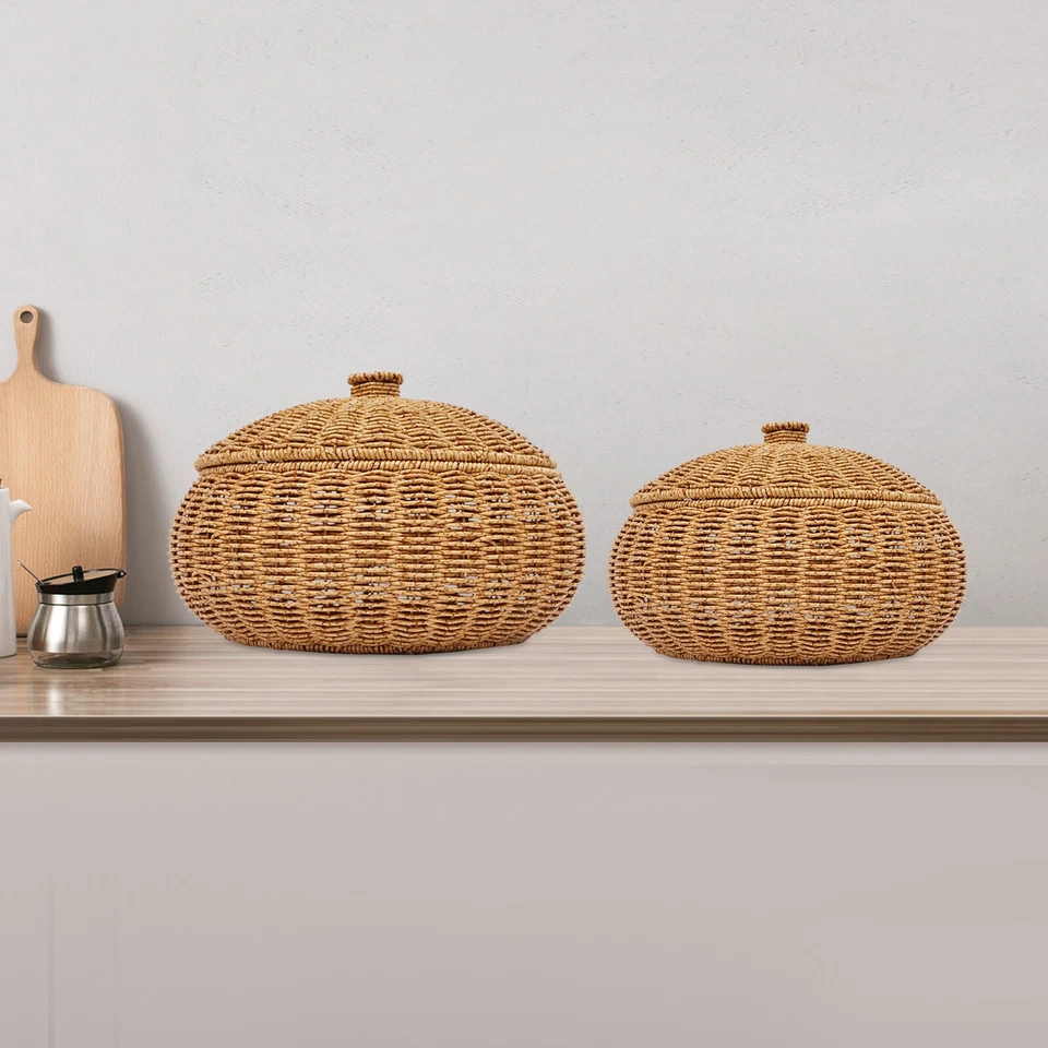 2Pcs Hand-woven Storage Basket Round Imitation Rattan Baskets with Lid New - Image 3 of 4