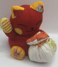 Maneki Neko Lucky Cat Plush Fabric Charm Red Bag Fortune Success Chirimen Money