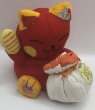 Maneki Neko Lucky Cat Plush Fabric Charm Red Bag Fortune Success Chirimen Money