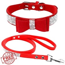 Haoyueer XS Suede Cat Dog Collar Leash Set Red Rhinestone Crystal