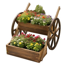 Rustic Wooden Wagon Planter Cart with Handles & Wheels 2-Tier Garden Herbs Box