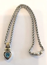 David Yurman Blue Topaz Sterling Silver & 14K Gold Heart on 18" Wheat Chain 4mm