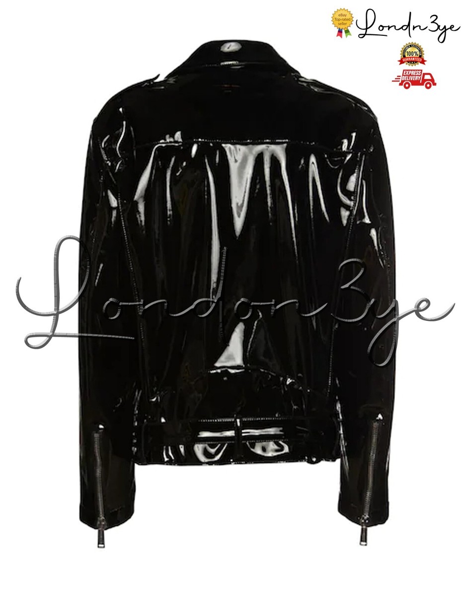 Mens PVC Vinyl Biker Jacket Men Black Faux Patent Leather