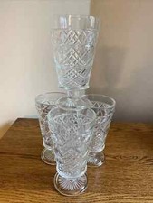 SET OF 4 Mid Century Modern Pressed Glass Stem Clear Water Goblets Wine Glasses