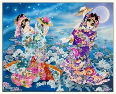 Asian Ladies with Mt Fuji Fabric Panel