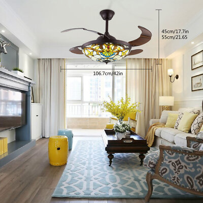 42'' Tiffany style Retractable Ceiling Fan /Remote + LED Dimmable Chandelier 56W