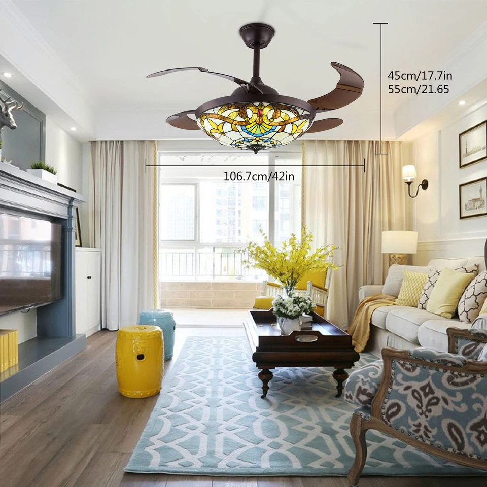 Tiffany Style Ceiling Fan 42" Remote LED Chandelier Stained Glass Retractable - Image 2 of 4