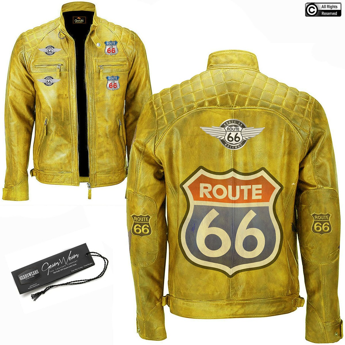 Mens Yellow Vintage Biker Motorcycle Distressed Leather Jacket