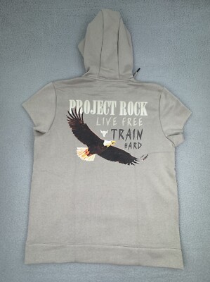 Under Armour Project Rock Icon Fleece Cut Off Sleeve Hoodie Mens XL Beige Eagle