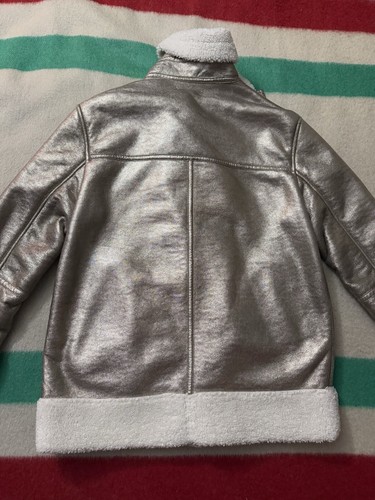 Women’s Gap Metallic Silver Gold Sherpa Biker Jacket Size Small Soft Astro Biker - Picture 3 of 21