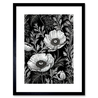 Mohn Wild Blumenmuster schwarz-weiß Linolschnitt gerahmter Kunstdruck Bild 12x16