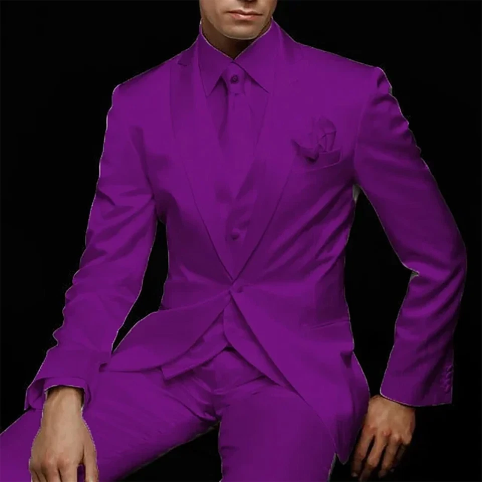 Shiny Satin Silk Men Suits 3pcs Sets Slim Fit Formal Prom Peak Lapel Tuxedos - Image 4 of 4