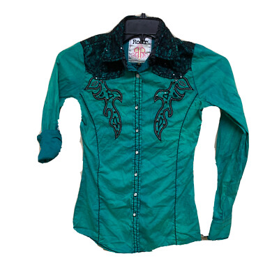 Roar Rhinestone Embellished Button Down Shirt Green Lace  Size XS