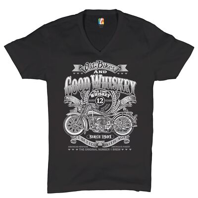 Old Bikes and Good Whiskey V-Neck T-shirt Route 66 Motorcycle Old School Tee