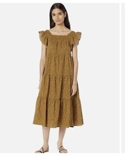 NEW $140 Madewell Ruffle Sleeve Tiered Midi Dress Daisy Stitch Olive Size Medium
