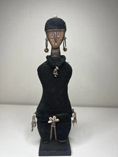Namji african fertility doll hand carved wood w/ beads 16" X 4" , black beads