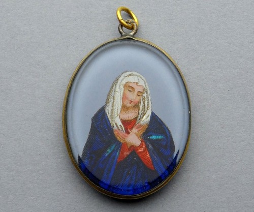 Ciondolo religioso francese antico. Santa Vergine Maria & Gesù, Medaglia dipinta a mano - Foto 6 di 9