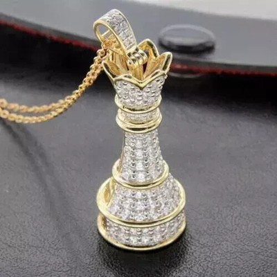 2.60Ct Round Cut Real Moissanite King Crown Chess Pendant 14K Yellow Gold Plated