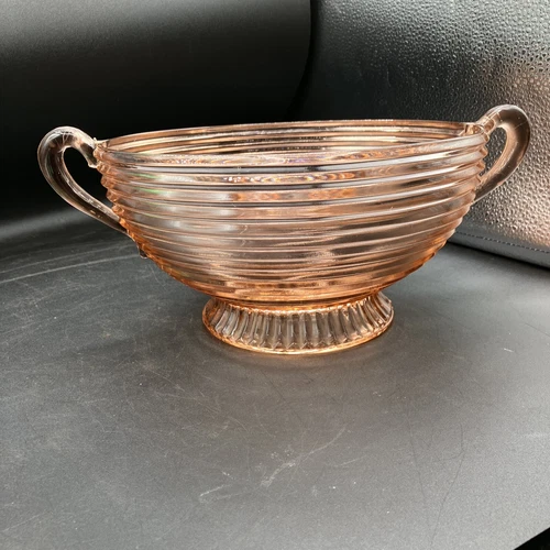 Gorgeous Large Footed Pink Depression Glass Ribbed Serving Bowl Double Handles