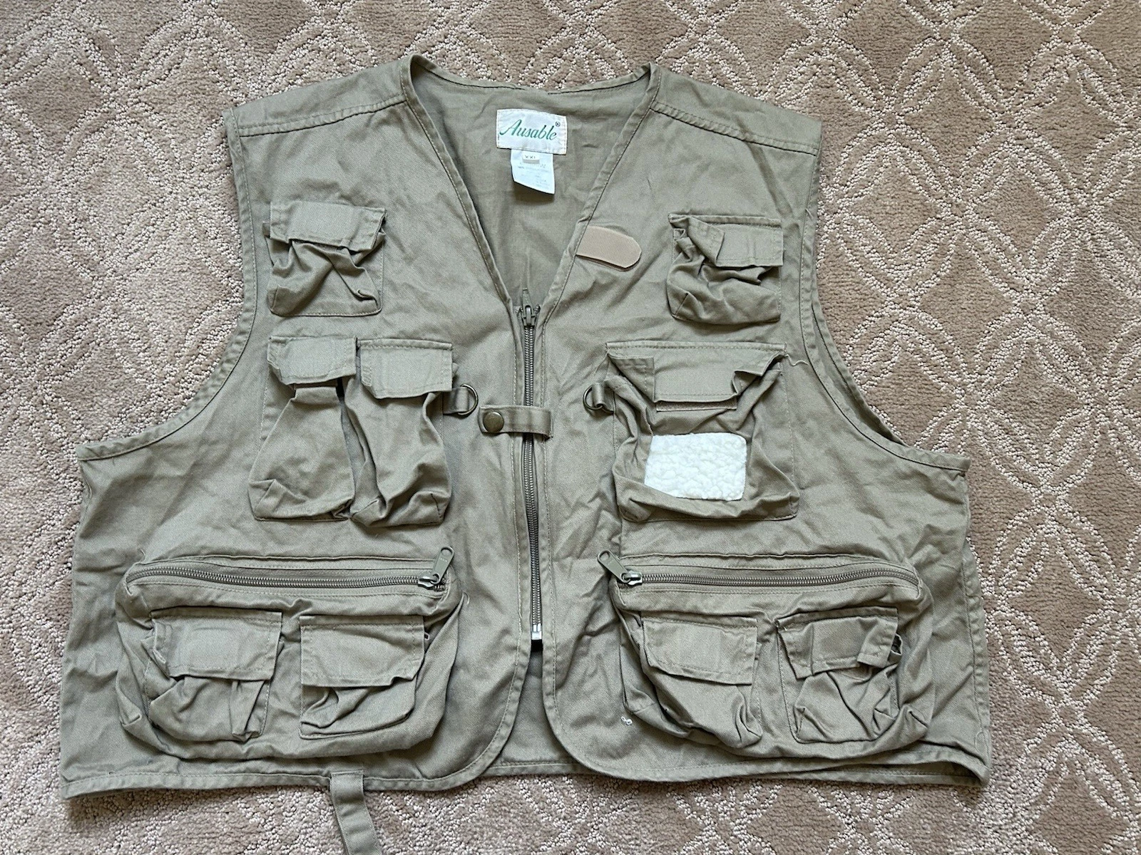 Vintage Ausable Fly Fishing Vest Multiple Pockets Zip Up Tan Men's Sz 2XL