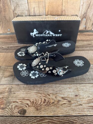 MONTANA WEST BLING CONCHE FLAT GLOSSY BLACK FLIP FLOPS SIZE 8 **NWT** BOX - Picture 5 of 9
