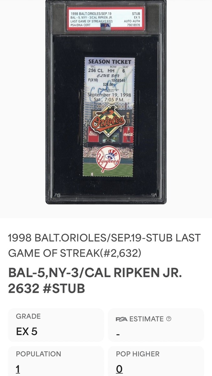 1998 CAL RIPKEN SIGNED LAST GAME OF STREAK #2632 TICKET STUB 9/19