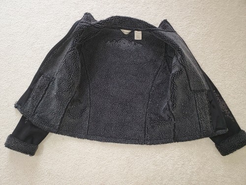 L.L. Bean Black Faux Suede Sherpa Zip Up Jacket Coat Embroidered Sz.S Regular - Picture 8 of 12