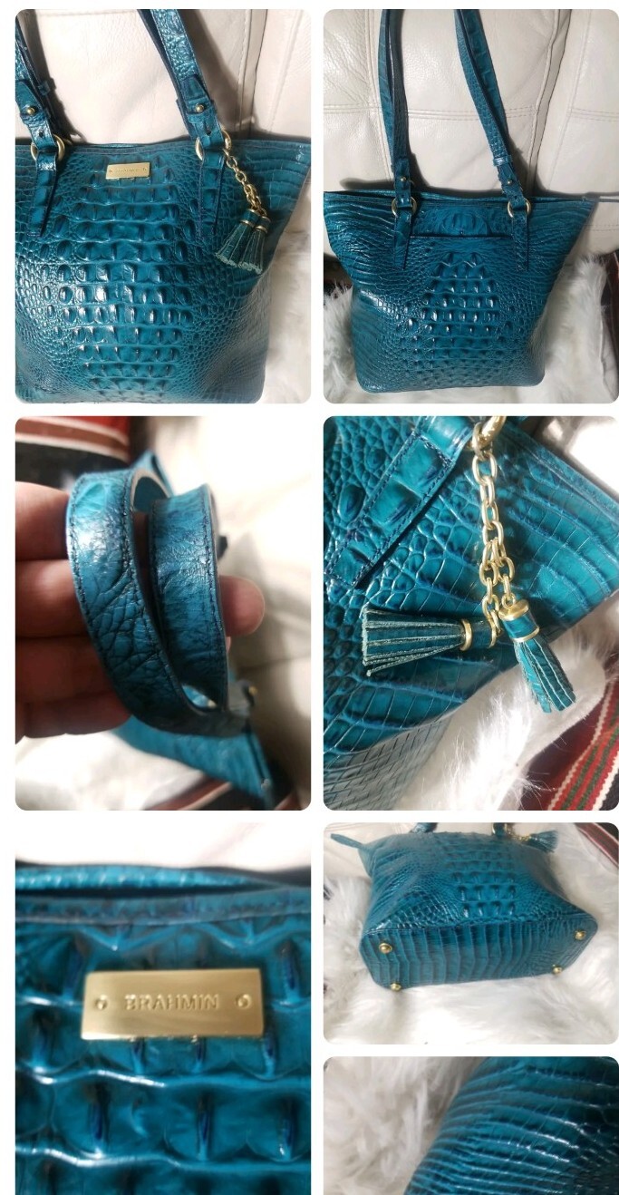 Brahmin Asher Tote Croc Handbag Emerald green Peacock RARE 16x12 Teal