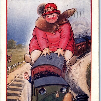 c1910s Comic ''Filled Out Much'' Fat Lady Big Obese Train Locomotive Railway A151