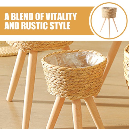 Wood Woven Plant Pot on Standing Legs Household Planter Pot Basket Wood Flower - Picture 7 of 12