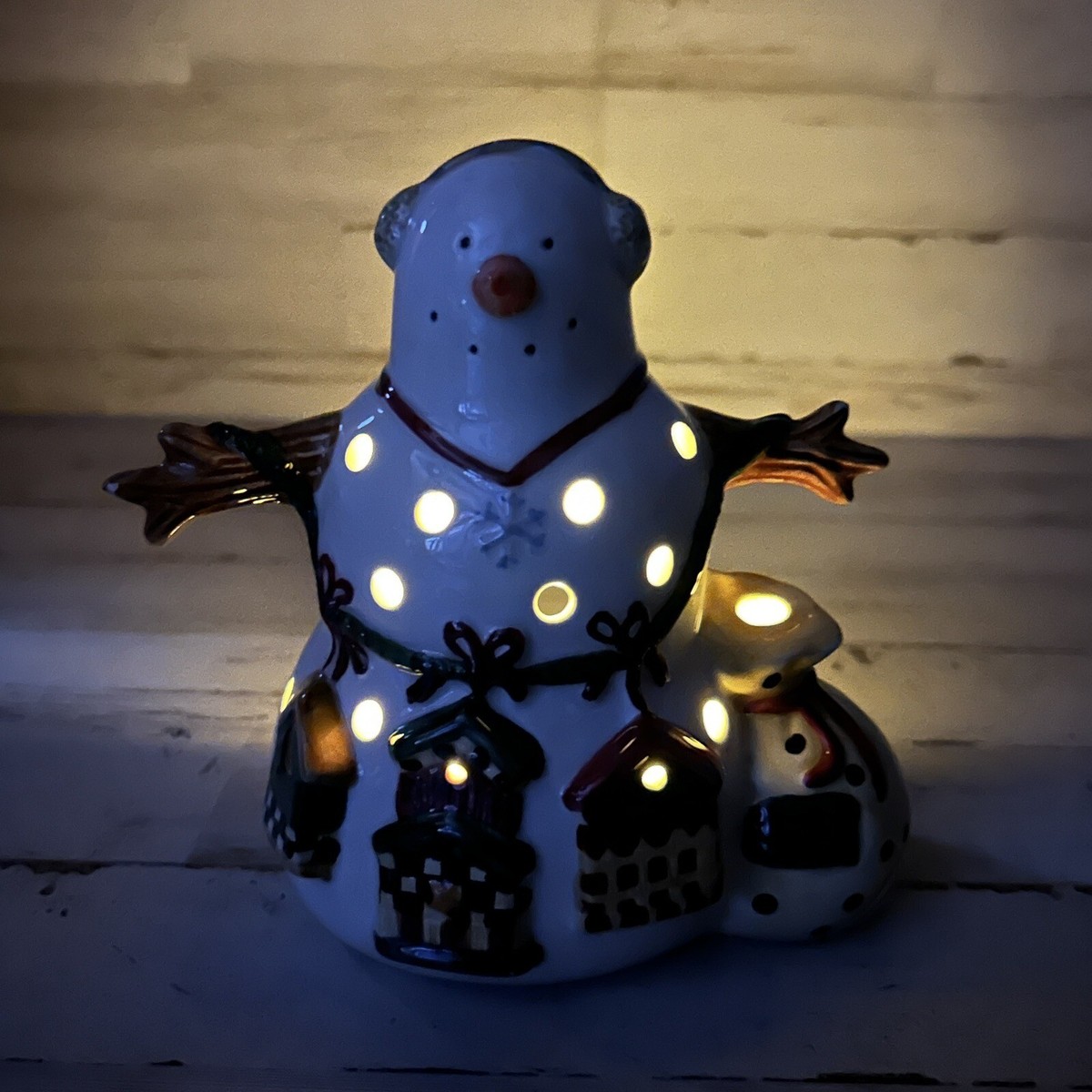 Vintage Sakura Ceramic Snowman Bird House Tea Light Candle