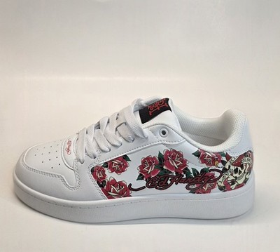 New  Ed Hardy Women s White Court Sneakers Red Rose Tattoo Graphic Size 10