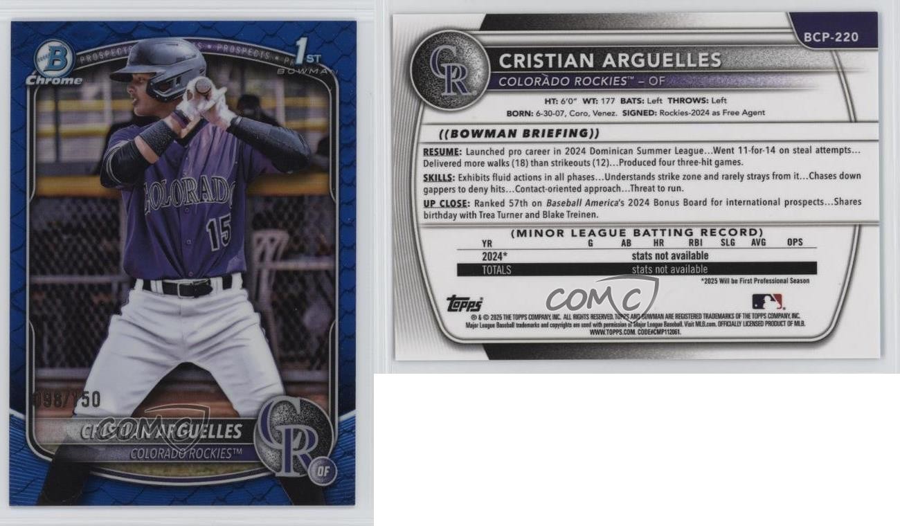2025 Bowman Chrome Prospects Blue Reptilian Refractor 98/150 Cristian Arguelles view 3