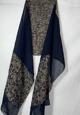 Fattorseta Sheer Navy Blue With Gold Floral Rayon Acetate Scarf 60  X 13  