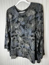 CJ Banks Shirt Womens 3X Black Gray Blue Abstract Print Long Sleeve Cotton Blend