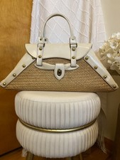 VTG Rare MCM Double Handle Ivory  Rattan Wicker Trapezoid Handbag Brass Studs