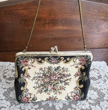 VTG Floral Roses Petit Point Needlepoint Purse Bag Gold Chain Coquette Formal